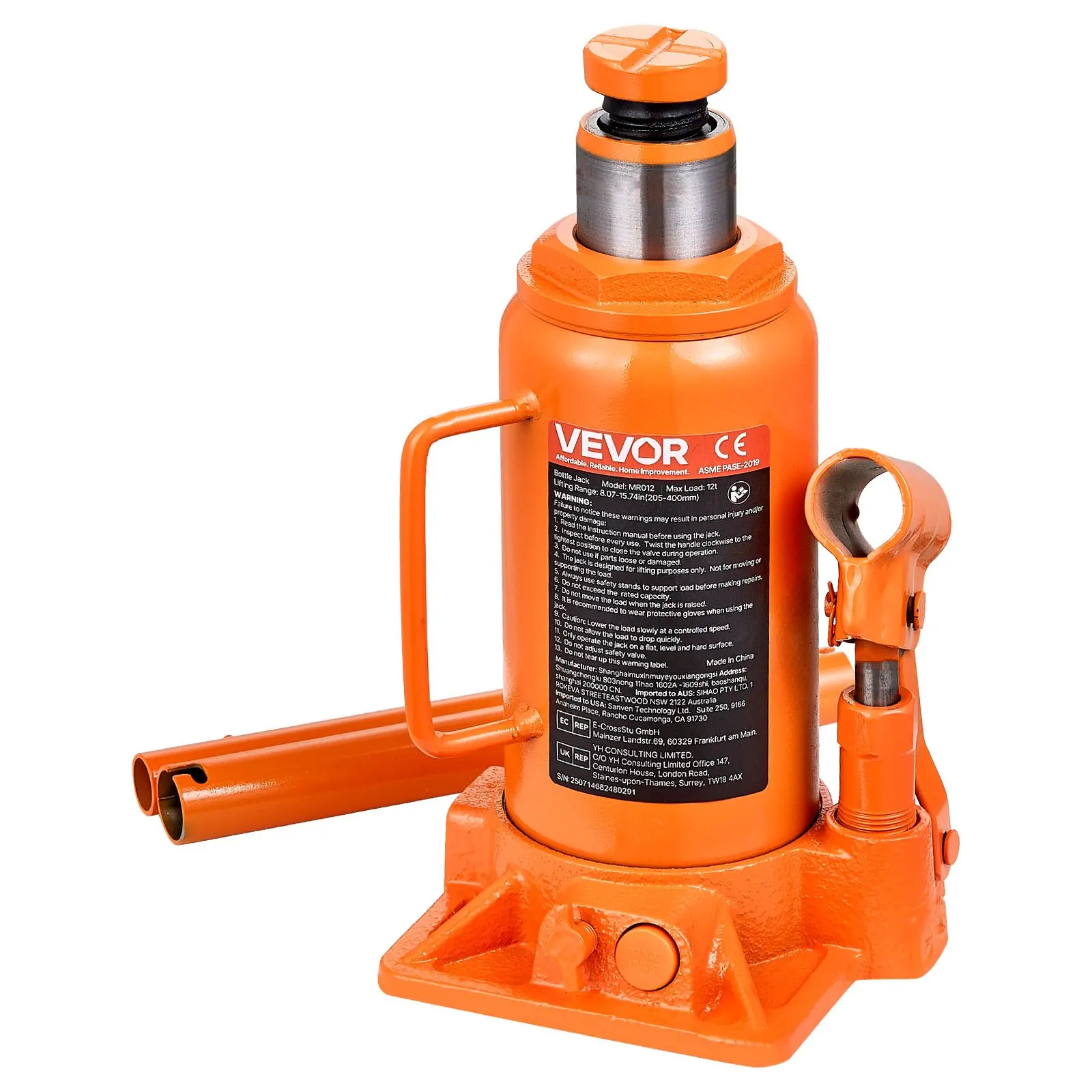 【Summerfinds】VEVOR  Hydraulic Bottle Jack, 12 Ton (26455.5 lbs) Capacity, 8.1-15.7 Inch Lifting Range, Heavy Duty Welded Bottle Jack for Car, SUV, Pickup, Auto Repair, House Lift and Agricultural Equipment, Orange, Cast Iron, Heavy-Duty Use