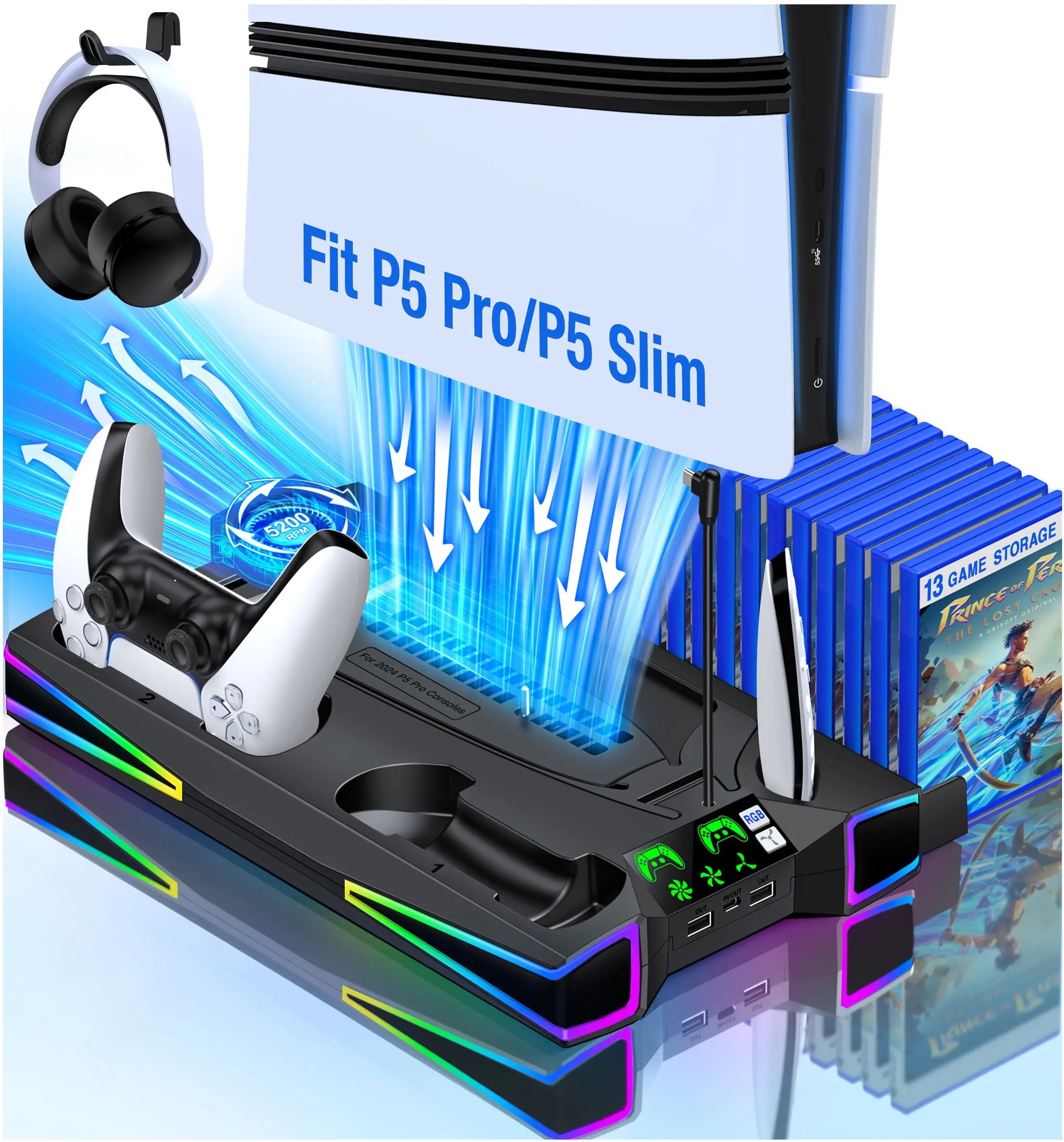 BEBONCOOL PS5 Cooling Stand with Storage, Dual Charge Rechargeable Game Controller Charging Station, RGB Lights Color Changing Headset Holder, USB Port, Adjustable Gaming Accessory for PS5 Slim, Remote Compatible