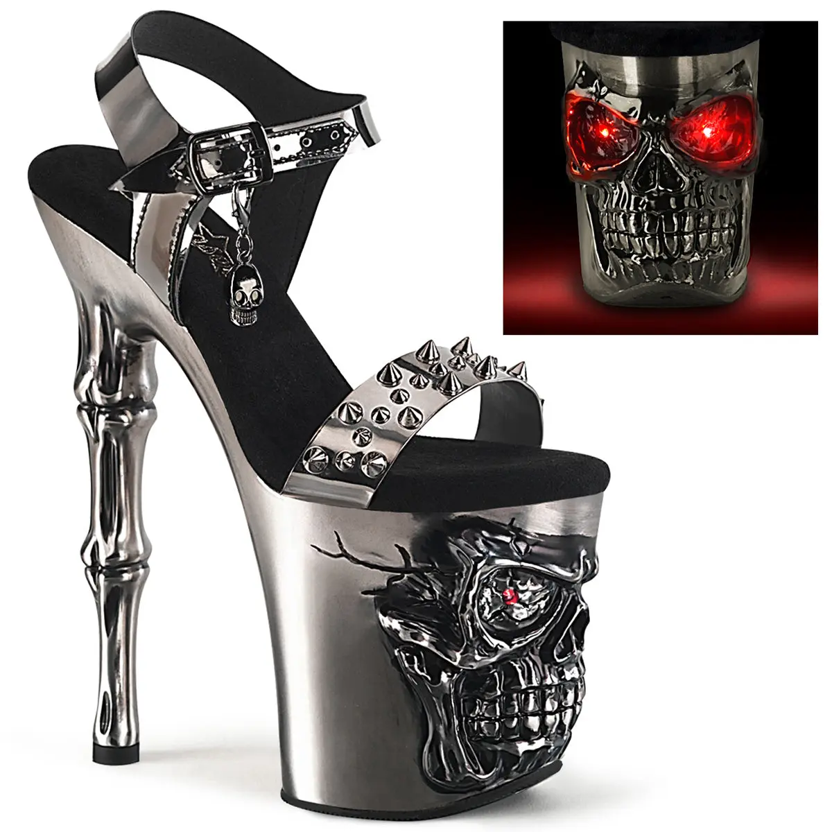 Women's Stylish Satin Skull Platform High Heels - 8-in Footwear, 4" (100mm) Height, Red LED Lights, RAPTURE-812-LT Pewter, Women's Fashion Shoes, Heeled, Ankle Strap, Chic, Stud, Sculptural Heels, Statement Shoes, Elegant, Night Out, 4 In