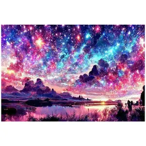 Pink Purple Gradient Starry Sky Lake View, Multiple sizes available including square and round diamonds. This 5D DIY diamond painting set diamond art embroidery kit handmade furniture decor holiday birthday art personalized gift.