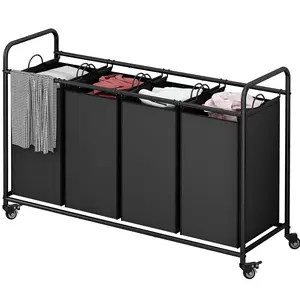 4 Bag Black Laundry Basket  Sorter Laundry Hamper Cart with Heavy Duty Rolling Lockable Wheels and Removable Bags Container Organiser Metal