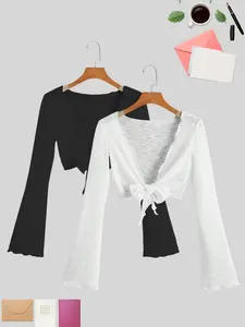 Women's Open Front Crop Cardigan & Top, Casual Long Sleeve Top & Top for Daily Wear, Ladies Clothes for Summer