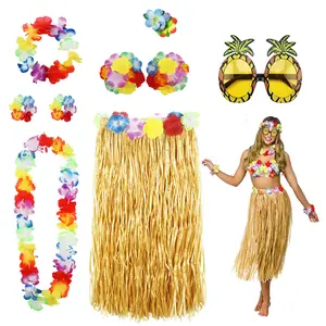 8 Pack Hula Skirt Costume Accessory Kit for Hawaii Luau Party Dancing Hula w Flower Bikini Top Hawaiian Lei Hibiscus Hair Clip Pineapple Sunglasses for Women Straw color