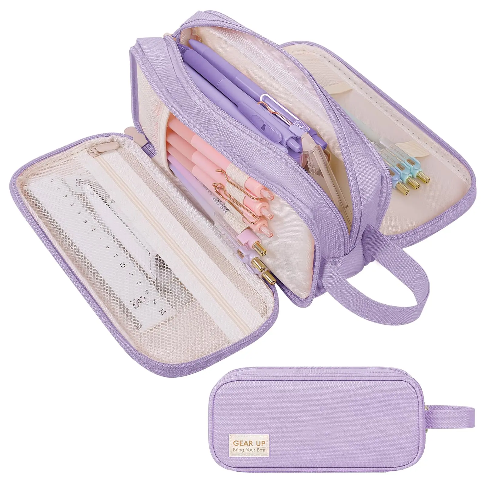 SKYDUE Large Capacity Canvas Pencil Case - 9 × 3.5 × 4 inch, Handle, 3 Compartments, Zipper Pouch for Pencils, Efficient Daily Use, Cute School Supplies, School Supplies College (Office & Educational Stationery)