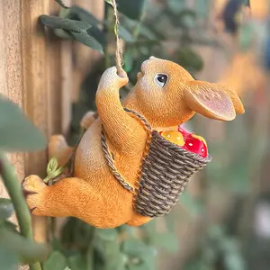 Charming Bunny Garden Statue Hanging with Basket, Whimsical Outdoor Decor for Planters or Porch, Cute Rabbit Figurine for Yard