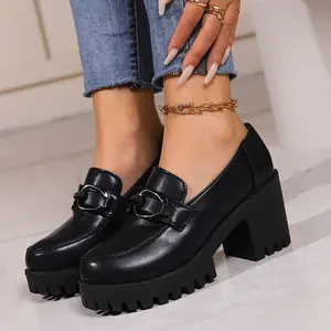 UOSO Women's Solid Color Platform Loafers, Buckle Decor Shallow Mouth Casual Slip On Shoes, Versatile Low-top Chunky Heels