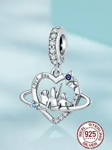 S925 Sterling Silver Heart Family Design Pendant, Rhinestone Decor DIY Charm for Bracelet & Necklace, Fashion Jewelry Accessories for Women & Girls