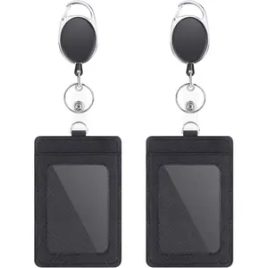 2-pack ID Badge Holder with heavy-duty telescoping scroll clip, vertical leather ID holder with 1 transparent ID window and 2 credit card slots (black - 2-pack): Office supplies