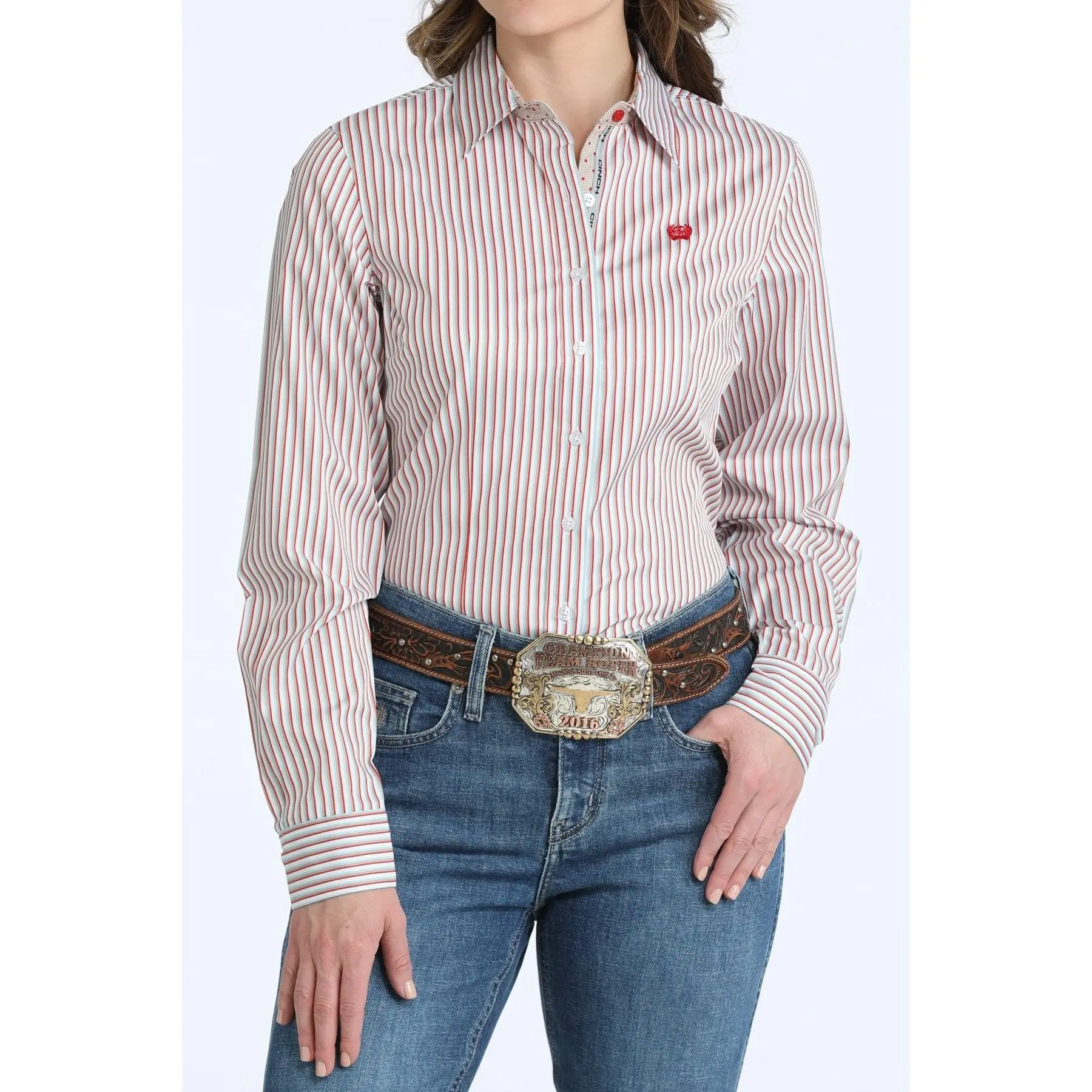 Cinch Women’s Fitted, Feminine Red & Mint Pinstripe Western Button Blouse - Breathable Sleeve Design, Casual, Cotton, Day, Everyday, Top, Lightweight, Belt, Dot, Embroidered, Style, Fabric, Buckle, Long Sleeve, Striped, Print, Collared, Horse