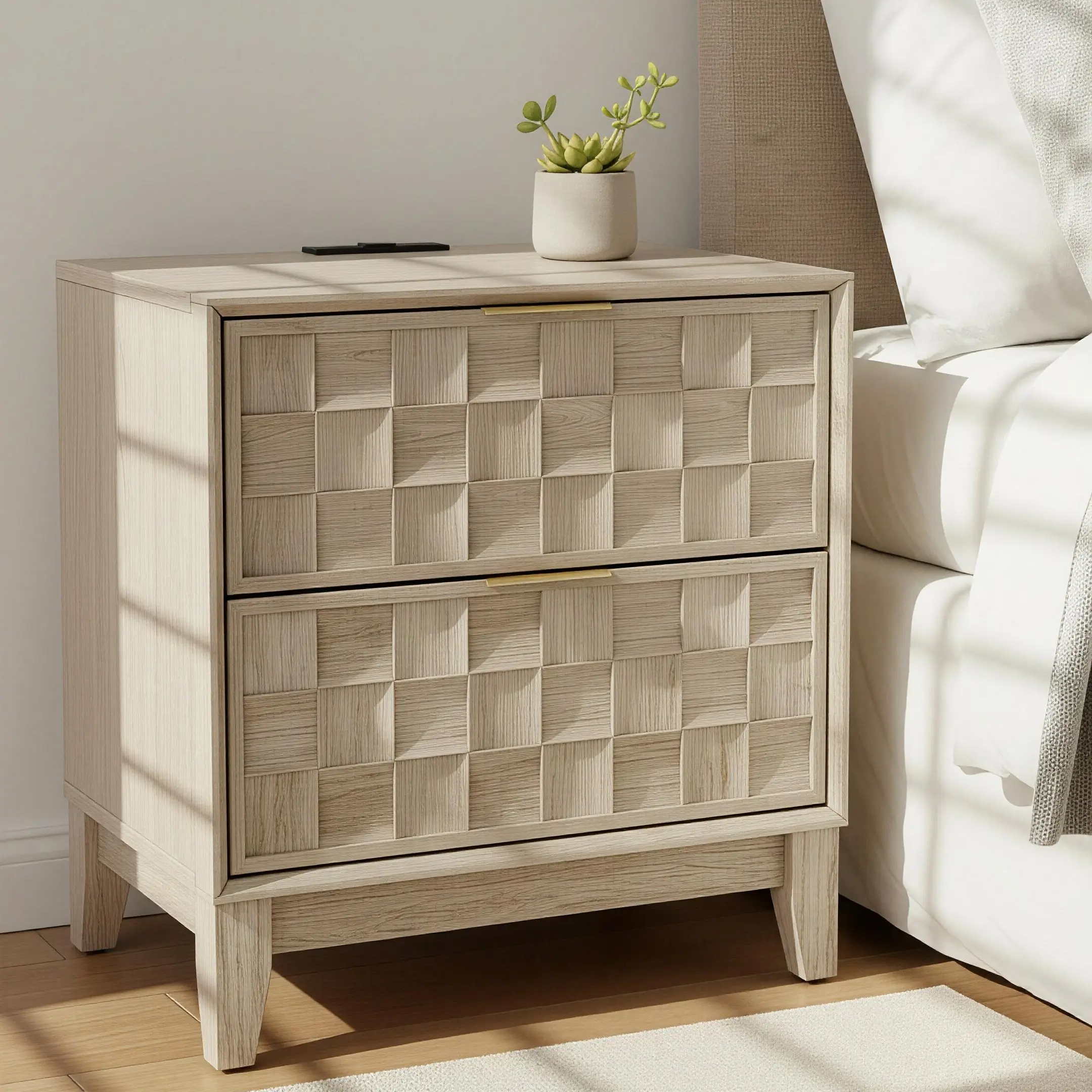 COLAMY Fluted Nightstand with Charging Station Modern Bedroom Side Table with Storage Solid Wood Legs P2 Engineered Wood