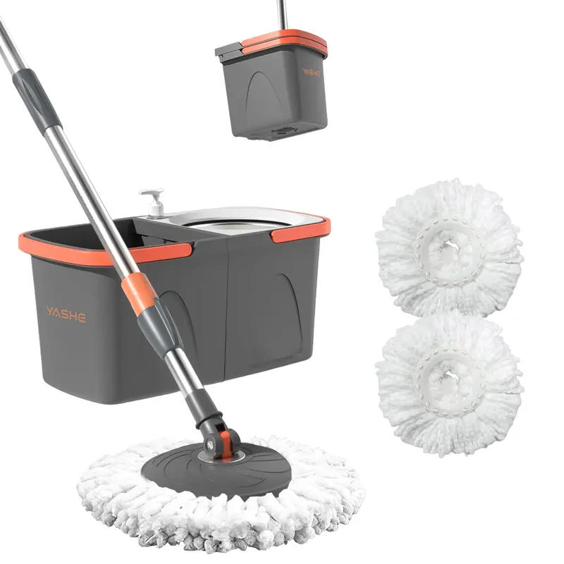 YASHE Spin Mop and Bucket with Wringing System - Foldable & Space-Saving Design, Durable Stainless Steel Wringing Basket, Built-in Detergent Bottle, 2 Reusable Microfiber Mop Heads