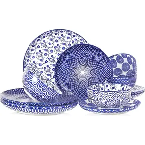 and Sets,12 Pieces Dinnerware Sets for 4,Scratch Resistant Dish Set,Dishwasher & Safe, Vintage Blue