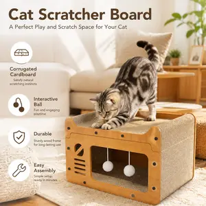 Cat Scratcher Pad with Interactive Ball Toys, Durable Corrugated Scratching Board, Easy Assembly Cat Scratch Bed for Indoor Cats
