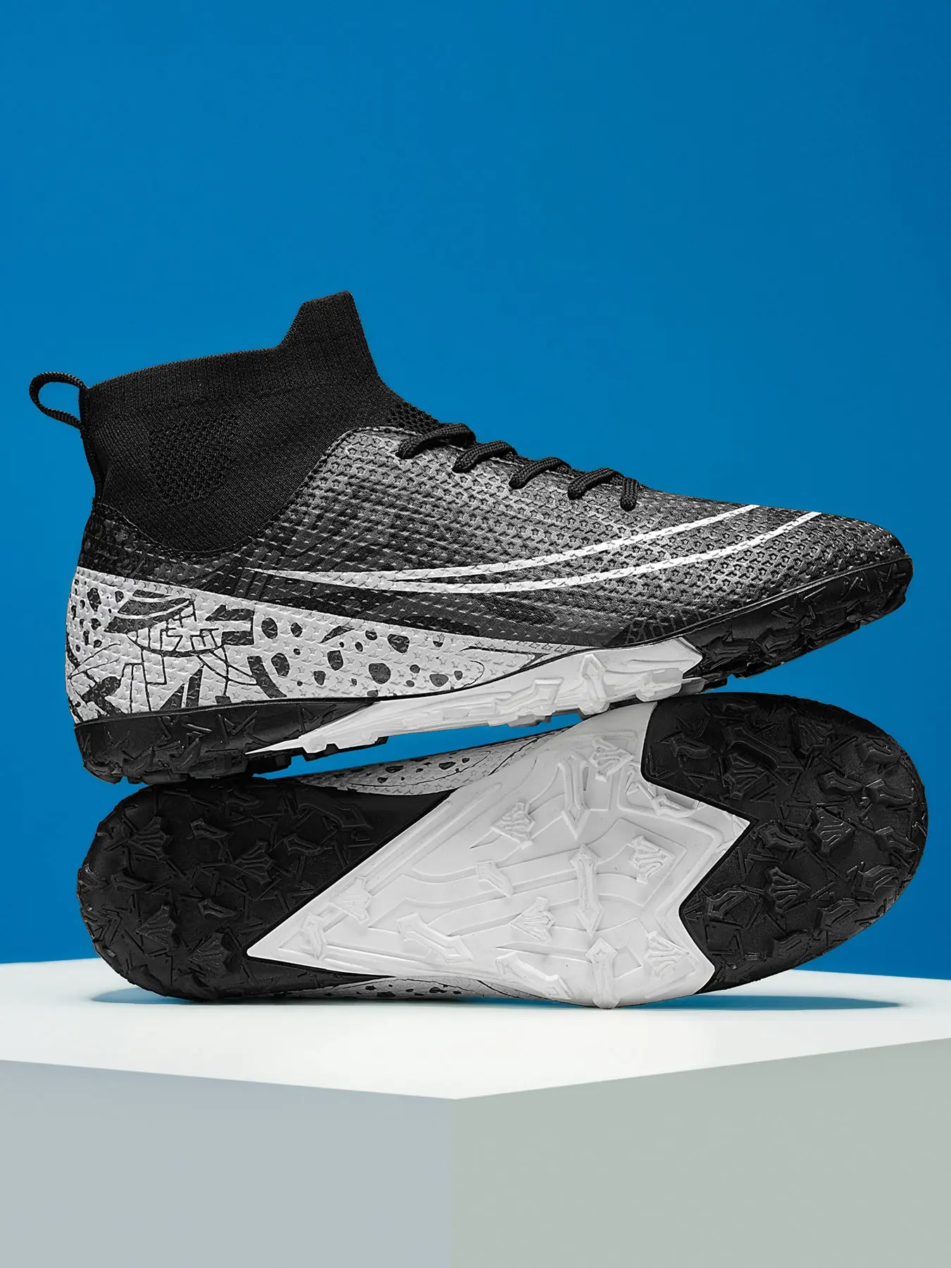 Parent-Child Blue-Black Color-Block Football Boots, Sports Shoes, Soccer Shoes, Sport Style, Breathable Paneled Material + Professional Football Studs, Parent-Child Compatible, Color-Block Eye-Catching, Ideal for Football Training & Parent-Child Outdoor