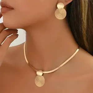 14K Gold Plated Snake Chain Jewelry Set, Minimalist Geometric Jewelry with Textured Double Circle Disc Necklace & Drop Earrings, Elegant Accessory for Everyday Wear & Gifting
