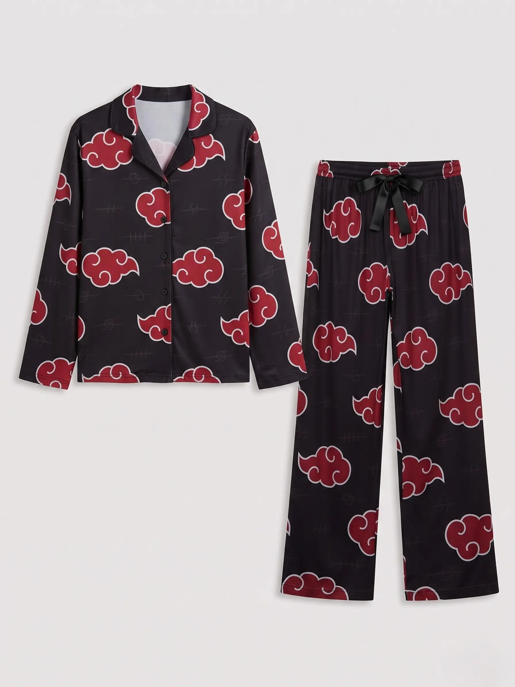 Anime Cloud Pajama Set, Black Red Long Sleeve Button Down PJs, Ninja Inspired Graphic Sleepwear, Cozy Otaku Loungewear