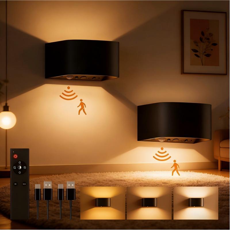 Black 2-Pack Indoor Wall Sconce – Wireless Motion Sensor Light with Remote, 3 Color Options, 5000mAh Rechargeable Battery, Brightness Dimmable