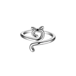 925 Sterling Silver Cute Cat Adjustable Ring | Hypoallergenic Stackable Gift for Cat Lovers