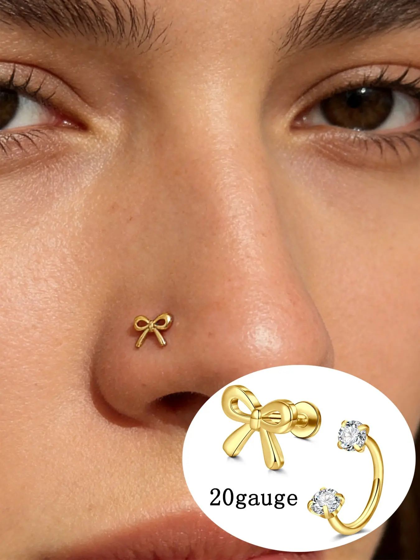 20Gauge Bow Accent Threadless Nose Stud Horseshoe Nose Ring Round Cubic Zirconia Nose Piercing Jewelry Hypoallergenic Stainless Steel Cartilage Earrings Tragus Helix Piercing Jewelry For Women Nose Piercing Hoop Nose Piercing Accessory