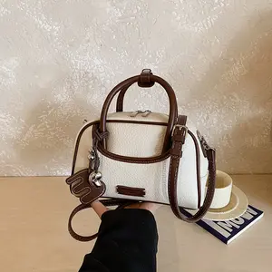 Women's Mini Boston Shoulder Bag - Contrast Handle, Cute Charm, Structured Small Crossbody Purse for Everyday Use