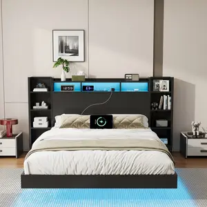 Queen Size Floating Bed Frame with USB Charging Station, Storage Headboard & LED Light, Heavy Duty Metal Platform, No Box Spring Needed, Black bedframe