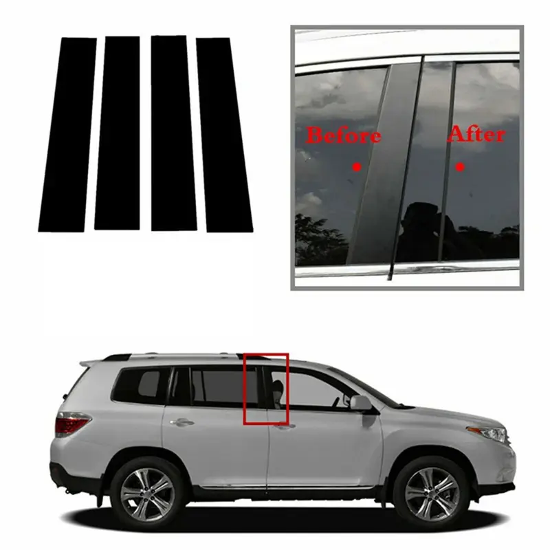 For Toyota Highlander Kluger 2008-2013, 4pcs Glossy Black Pillar Posts Door Side Window Decorative Cover