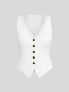1 Piece Vintage Lace Trim V-neck Ribbed Button Front Vest