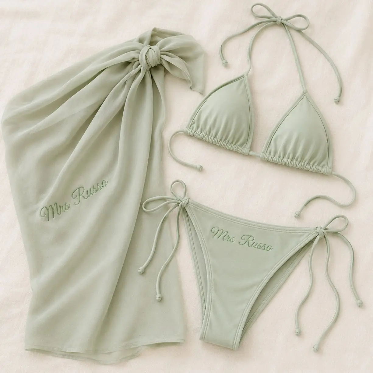 Personalized Bachelorette Bikini Set with Sarong, Embroidered Custom Name Bridal Swimwear for Bride Squad Trip