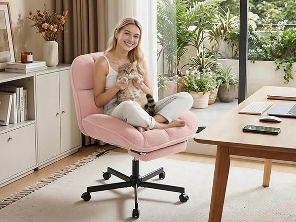 Criss Cross Chair with Foot Rest, Thick Cushioned Cross Legged Office Chair, Sherpa Swivel Vanity Chair, Comfy Height Adjustable Computer Office Desk Chairs for Home Office,Vanity