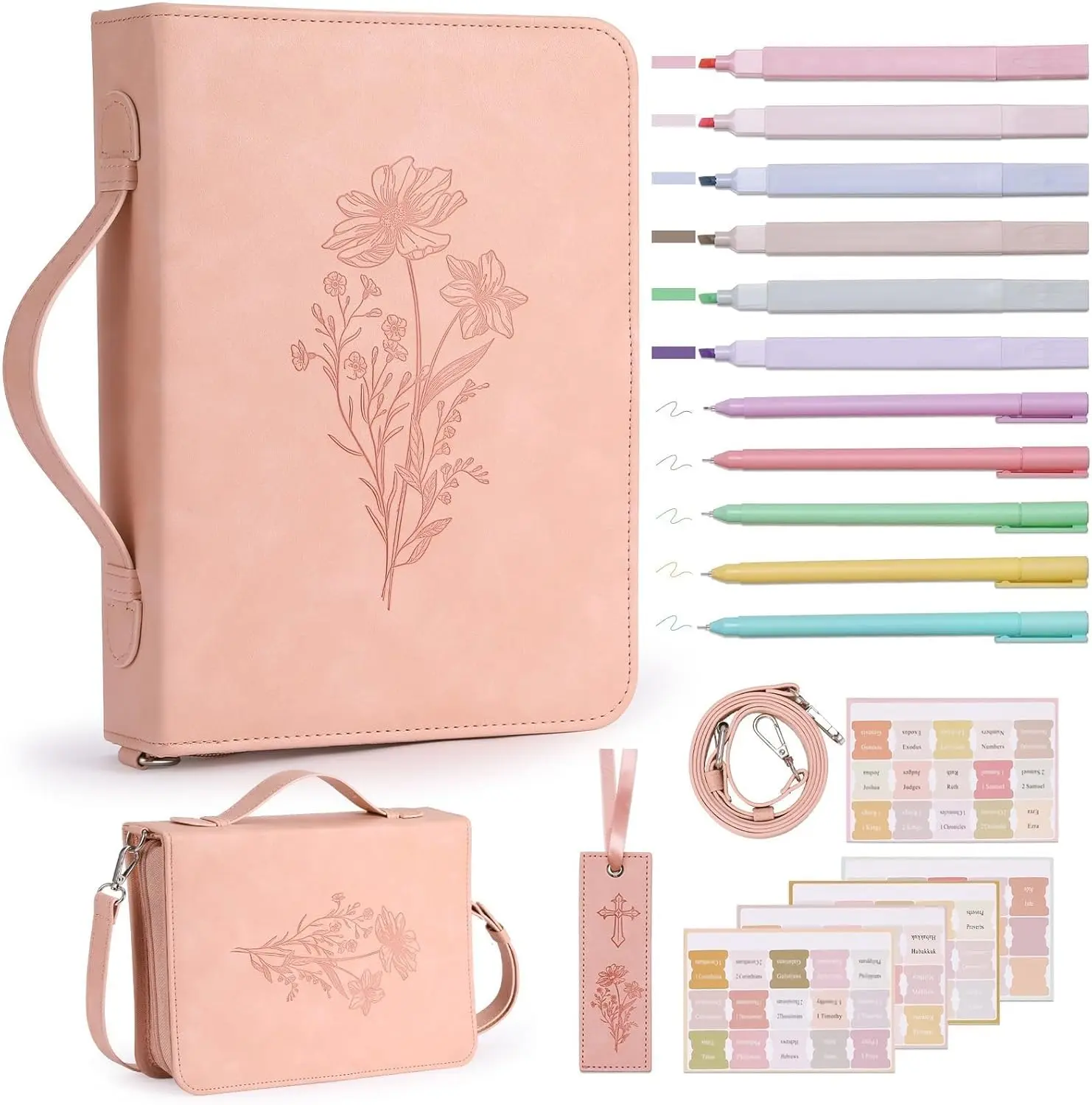 19PCS Floral Pink Leather Bible Cover for Women Bible Cover Cases for Teen Girls Christmas Gift Christian Bags Journaling Kit with Shoulder Strap Highlighter Pens & Book Marker 10.47 * 7.48 * 2.17in