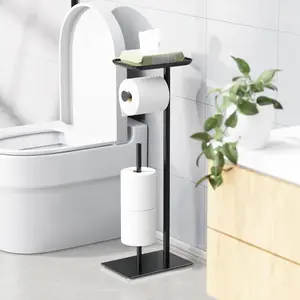 Toilet Paper Holder Stand with Top Storage Shelf, Free Standing Toilet Roll Dispenser for Bathroom, Holds 4 Reserve Rolls