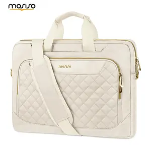 MOSISO Women's 15.6-Inch Shock-Proof Laptop Shoulder Bag, Quilted Tote with Strap, Stylish Work Computer Bag with Front Pocket for Office Travel, Beige, Shock-Proof Laptop Bags
