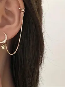 Moon & Star Design Chain Earrings, Fashionable Earrings for Women & Girls, Trendy All-Match & Exquisite Jewelry for Birthday Gift