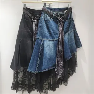 Lace Patchwork Scarf Belt Mermaid Irregular Denim Skirt for Ladies, 2025 Autumn New Niche Design Skirt