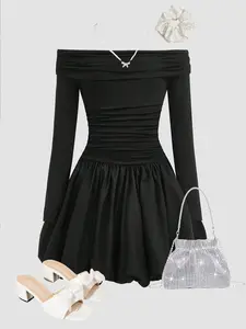 Women's Off-Shoulder Ruffle Hem Long Sleeve Mini Dress, Sexy Young Girl Party Fashion, Casual Fitted Plain Color Ruffled, Womenswear, Lady