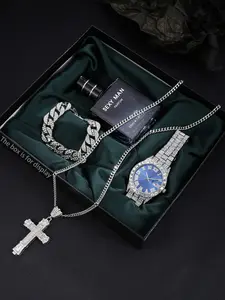 Luxurious Jewelry Watch Set with Blue Dial, Sparkling Cross Necklace, Cuban Chain Bracelet, Hip-Hop Style, Perfect for Parties, Includes Gift Box