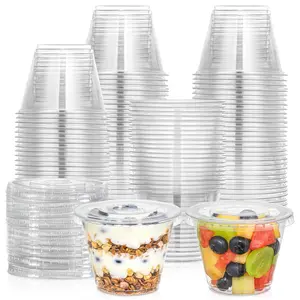 9 oz Clear Plastic Cups With Flat Lids No Hole, Dessert Cups With Lids for Ice Cream, Pudding, Cake, Snacks Smoothie, Milkshake, Cold Drinks, Disposable Cups