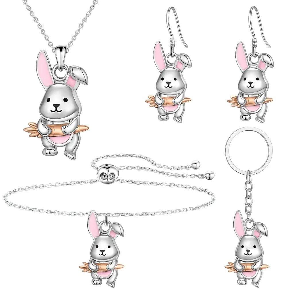4-Piece Jewelry Set for Women, Cute Silver-Toned Bunny Motif, Complete Pack with Rabbit Charm Pendant, Adjustable Bracelet, Drop Earrings & Keychain, Animals, Gifts For Mom, Mini Gift Sets, Pendant For Chain, Women's Matching Sets