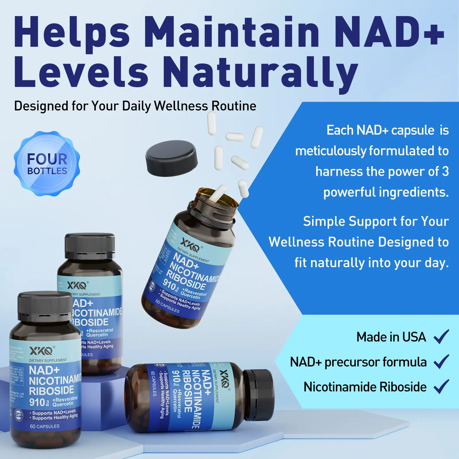 XKQ NAD+ Nicotinamide Riboside Supplement – Non-GMO, Gluten Free – 60 Capsules Four bottles