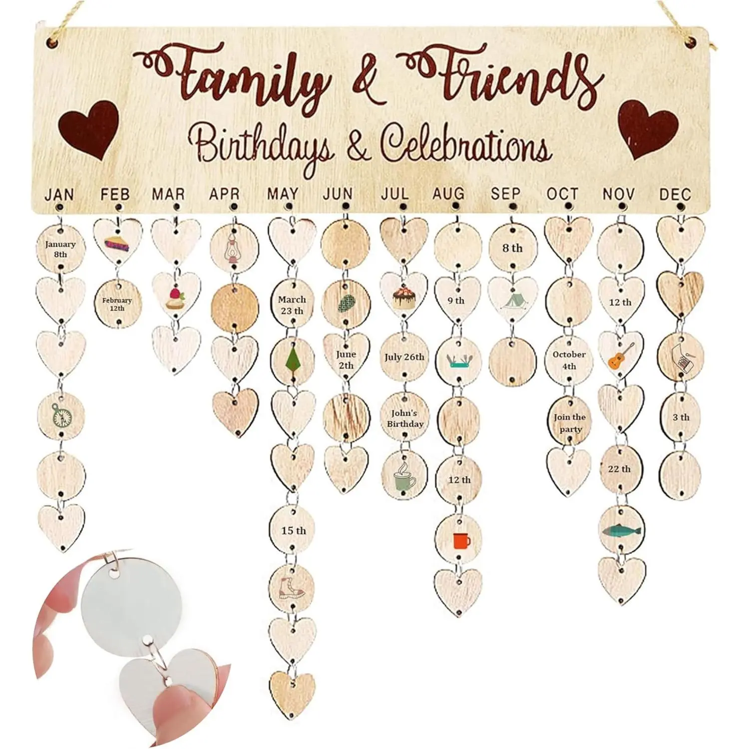 Family and  DIY Wooden Birthday Calendar Wall  with 50 Round Discs and 50 Heart Tags for  Decor and Birthday Reminder