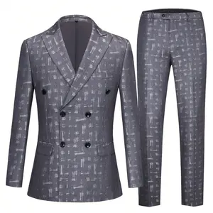 Mens Suits 2 Piece Plaid Blazer Double-Breasted Button Jackets Pants Set Formal Clothes For Men