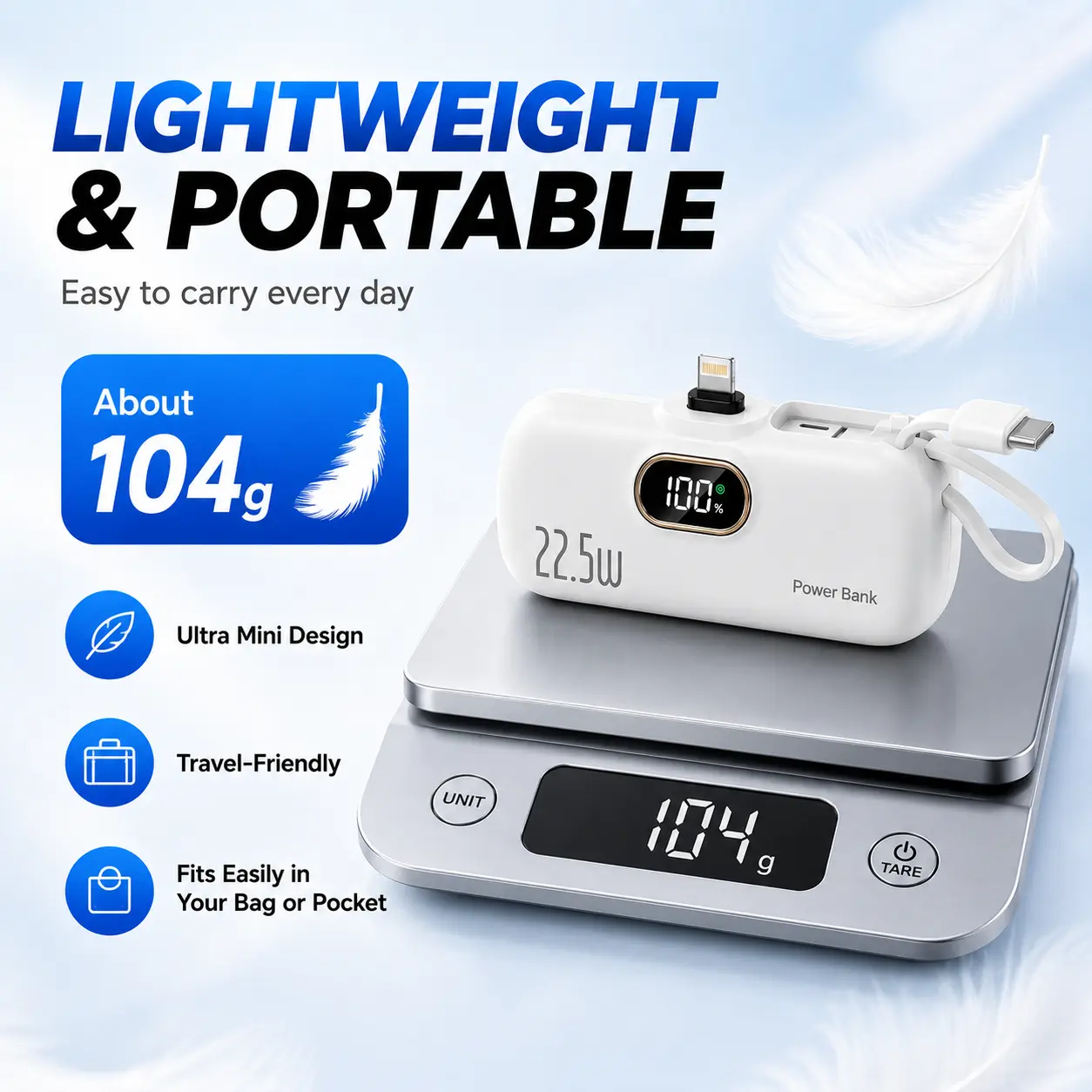 Never Run Out of Battery Again! 5000mAh Mini Portable Charger with 22.5W Fast Charging, USB-C & USB-A Ports, LED Digital Battery Display, Compact Pocket Power Bank for Travel, Work, School and Everyday Charging