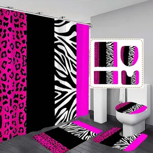 Leopard Print Bathroom Set with Hooks, Includes Bath Mat, Toilet Lid Cover, U-Shaped Pad, Bathroom Decoration Accessories, Ideal Gift for Home Decor