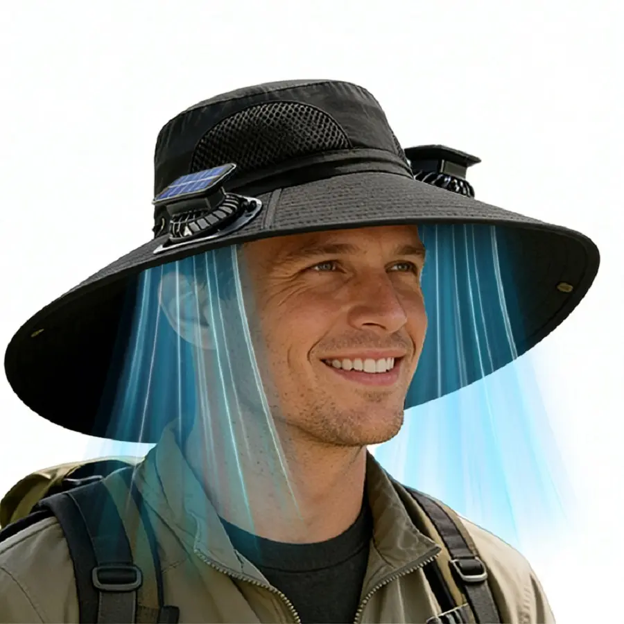 Solar-Powered Hat with Fan - 2 Cooling Fans, Breathable Wide-Brimmed, Unisex, Adjustable Wind Speed & Strap, Suitable for Travel, Gardening, Summer Outdoor Activities