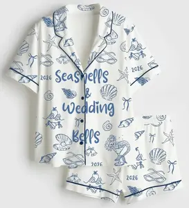 Seashells and Wedding Bells Pajamas for Adult & Youth, Mermaid Bride Long Sleeve PJs, Satin Beach Bachelorette Sleepwear, Tropical Bridal Party PJ Set, Bachelorette Party Pajama Set, Nightwear Set for Her (No pocket)