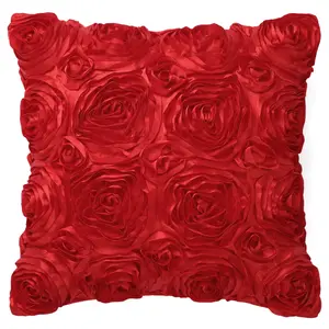 PiccoCasa 3D Satin Rose Flower Throw Pillow Cover Shells, Arts Decorative Pure Color Roses Floral Cushion Covers for Couch, 16" x 16", Red
