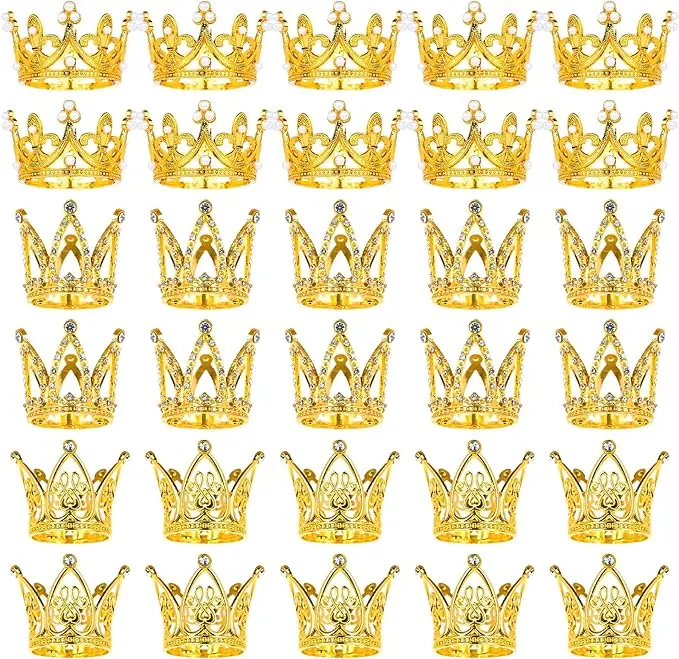 30 Pcs Crowns for Flower Bouquets Gold Crown Cake Topper Mini Crown for Flower Accessories Flower Crown Birthday Crowns Cupcake Toppers for Girl Lady Bridal Wedding Party Cake Decor, 3 Style