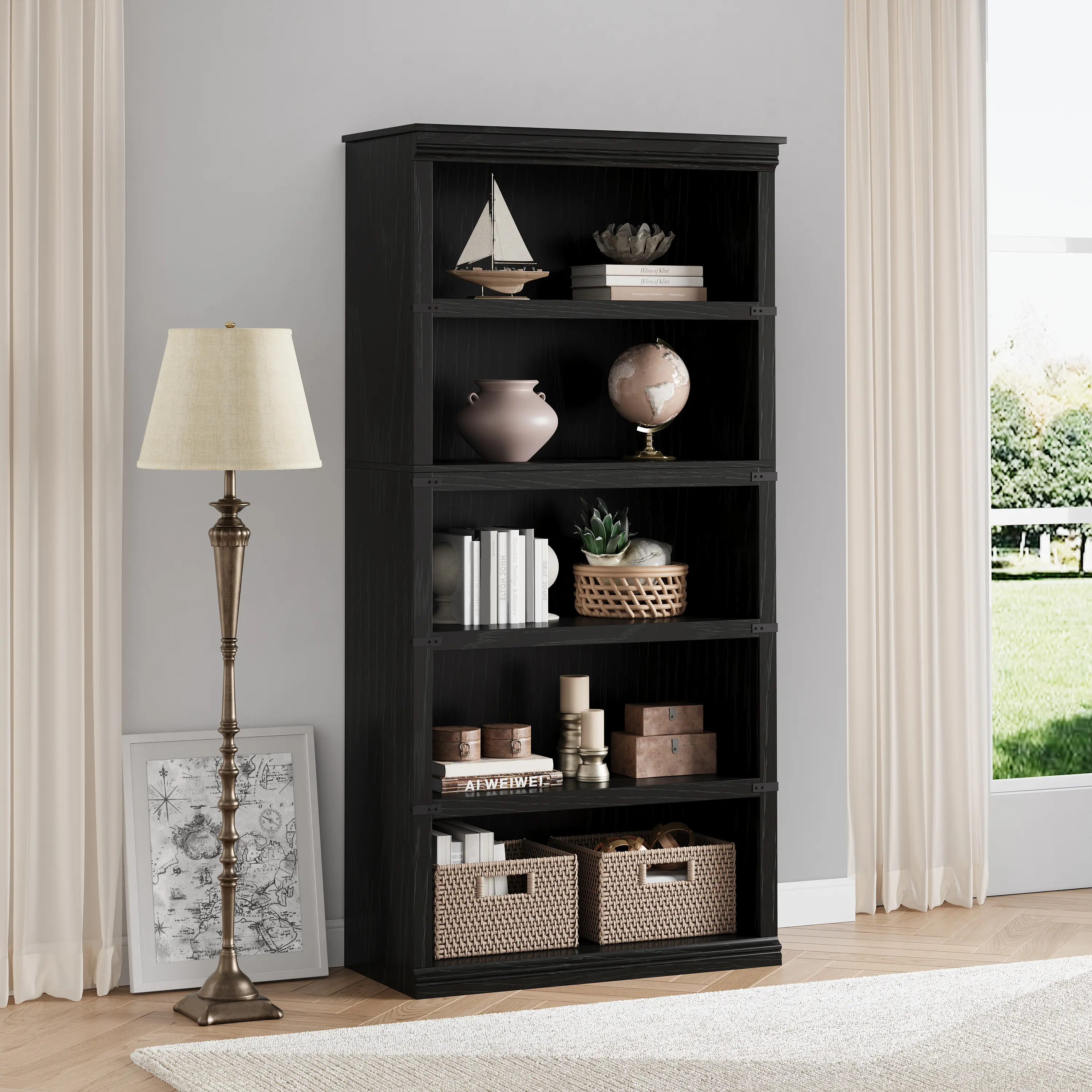 GAOMON 5-Shelf Modern Iron Bookcase - 32" Wide MDF/Iron/PB Open Shelves, Open Compartment Storage, Includes Kit, Suitable for Office & Home Decor (Gray, 1×Bookshelf)