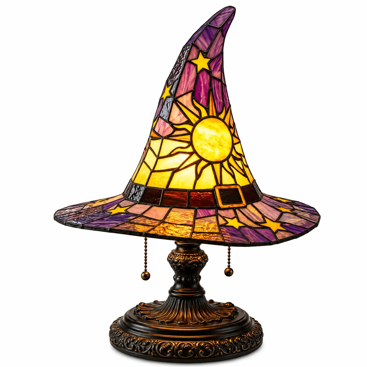 Stained Glass Witch Hat Lamp, Handcrafted Retro Resin Witch Lamp, USB-Powered Gothic Wizard Hats Night Light, Halloween Accent Decorative Light for Bedroom & Bookshelf