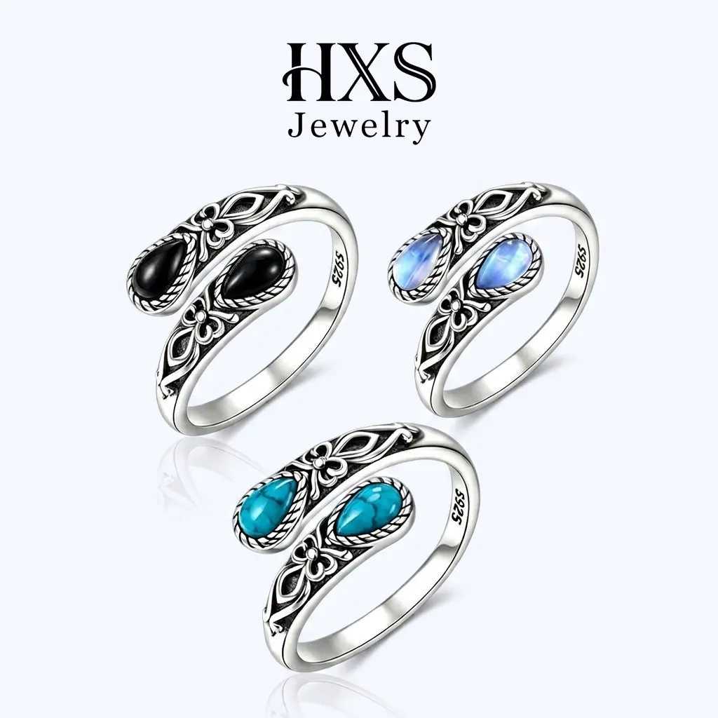 S925 Sterling Silver Teardrop Wrap Ring - Unisex, Moonstone/Turquoise/Black Onyx, Nickel-Free Hypoallergenic, Vintage Victorian Witchy Aesthetic, Adjustable Butterfly Thumb Jewelry, Bohemian, One Size Fits All, Open Loop